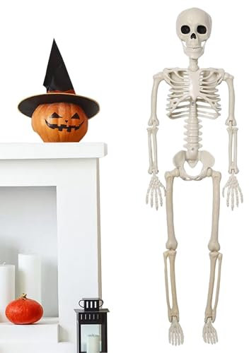 Mimoqk Posable Skeleton Decoration, Movable Joint Full Body Skeleton, Realistic Skeleton for Halloween, Spooky Skeleton Props for Party, Lawn Graveyard Decorations, Haunted House Skeleton Decor