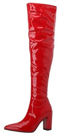 smlekwc Donna Pelle Verniciata Stivali Alti alla Coscia in da con Cerniera Laterale Sexy Punta Appuntita Stivali Lunghi Tacco Grosso Alto Stivali sopra Il Ginocchio,Rosso,38 EU