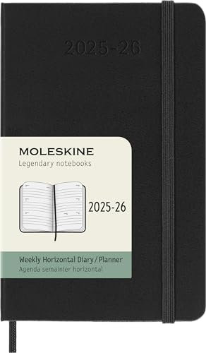 Moleskine Wochenkalender 2025-2026, 18-Monats-Horizontal-Wochenplaner, Harte Einband und Gummiband, Taschenformatformat 9 x 14 cm, Schwarz