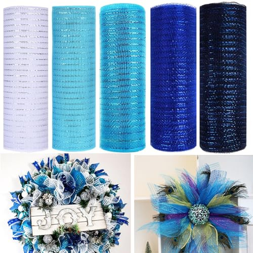 JStnana 5 Rolls Christmas Mesh Ribbon for Wreath, 10 Inch x 30FT Per Roll Metallic Foil Deco Mesh Rolls White Blue Royal Blue Navy Decorative Ribbon for Summer Wreath Christmas Tree Home Party Decor