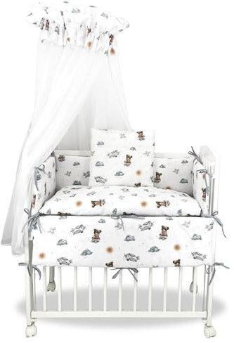 Baby Delux Beistellbett Set Babybett Komplett Set Stubenwagen weiß 90x40 mobil mit Rädern inkl. Bettwäsche Matratze (Teddy Pilot blau)