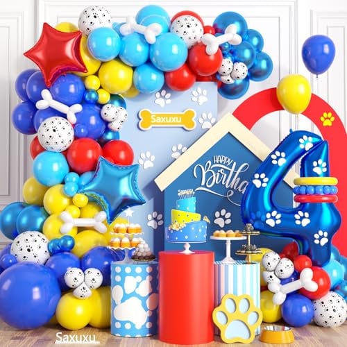 4th Birthday Decorations Boy, Dog Paw Fourth Birthday Balloons Arch with Red Blue Yellow Latex Balloon and Long Balloon Number 4 Balloon Star Foil Balloon for Paw Birthday Party Supplies