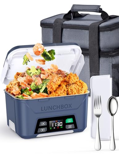 Docusvect Cordless Electric Lunch Box, 1.3L Heated Lunch Box Battery Powered with Scheduled Heating, Portable Food Warmer with Insulated Lunch Bag, Cutlery, Removable Tray Divider