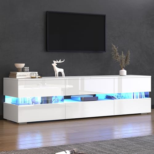 Merax TV Schrank Hochglanz mit LED-Licht, Fernsehtisch mit 2 Türen, 1 Schublade, Transparenter Displayständer, Fernsehschrank Lowboard für 70 Zoll TVs, TV Board Sideboard für Wohnzimmer, 160cm, Weiß