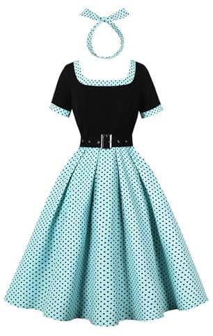 OMEWEE Damen 50er Jahre Kleider Polka Dots 1950er Vintage Retro Cocktailkleid Rockabilly Kleider Elegant Knielang Abendkleid A-Line Swing Faltenrock festliches Kleid Partykleid Grün XXL