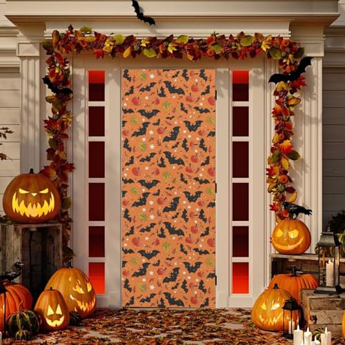 Fuauuyl Cubierta de puerta de Navidad, calabazas y murciélagos de Halloween, 2 fundas de felicitación para Navidad, invierno, vacaciones, casa, fiesta, 35 x 79 pulgadas