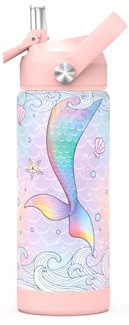 Girls Water Bottle with Straw,550 Ml Kids Insulated Cups with Stainless Steel Leak Proof for School,Sport&Travel(Mermaid)