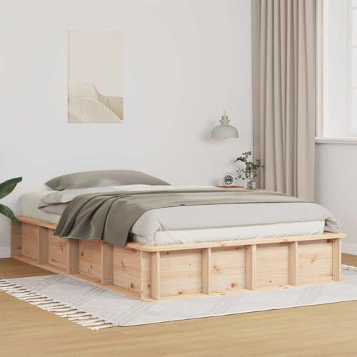 Hoopleep Braun Massives Kiefernholz Bettgestell, 140 x 190 cm Plattform Bettrahmen mit Lattenrost, Modernes Design für Schlafzimmer, Langlebiges Holz Doppelbett Gestell, 220 kg Belastbarkeit