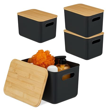 Relaxdays Aufbewahrungsbox, 4er Set, mit Deckel, Kunststoff, Bambus, mit Griffen, Organizer, HBT 16x 26x17,5 cm, schwarz