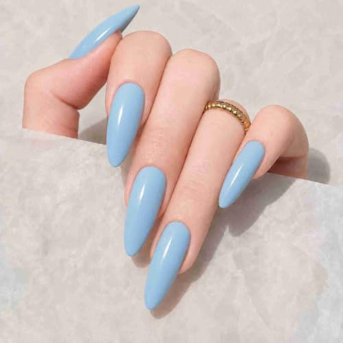 Soft Pastel Blue Short Oval Almond Glossy Press On Nails - Reusable ABS Acrylic Gel Set with 24 Pieces in 12 Sizes for Natural Look Everyday Wear Office Professional Manicure