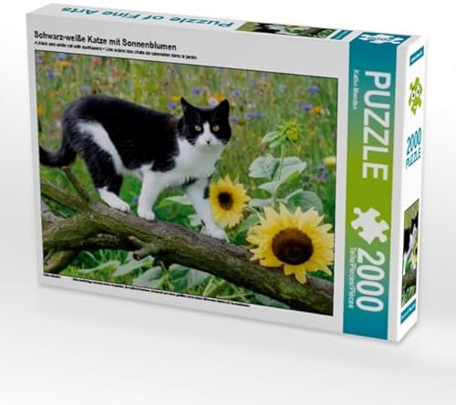 CALVENDO Puzzle Schwarz-weiße Katze mit Sonnenblumen 2000 Teile Puzzle quer | Lege-Größe cm Foto-Puzzle für glückliche Stunden