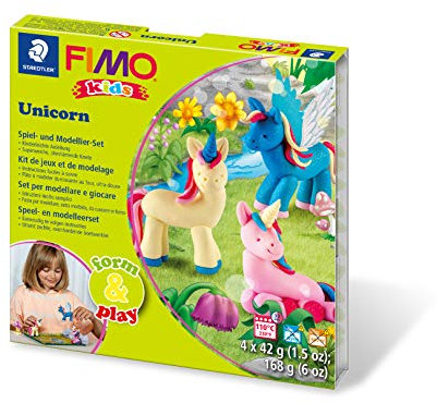 STAEDTLER 8034 19 LYST Unicorn Fimo kids form&play Set (superweiche, ofenhärtende Knete, leichte Anleitung, wiederverschließbare Box, Set mit 4 Blöcken, 1 Modellierstab und 1 Spielkulisse)