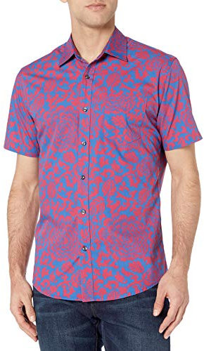 Amazon Essentials Men's Regular-Fit Short-Sleeve Poplin Shirt, Blue Floral, L