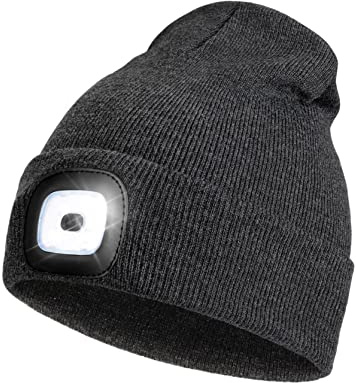 Rechargeable LED Lighted Beanie, Dad Gifts in Christmas, Stocking Fillers Cap with Light Hands Free Head Torch Unisex Winter Warm Knit Beanie