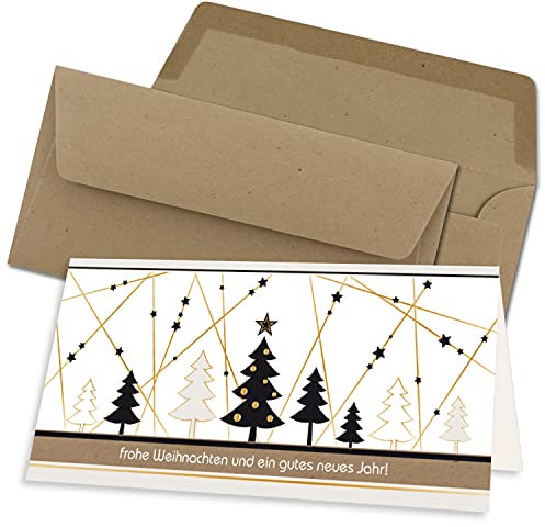 50x Weihnachtskarten-Set DIN Lang in Weiß mit Weihnachtsbäumen und Sternen - Faltkarten mit Umschlägen DIN Lang Kraftpapier Sandbraun mit Nassklebung - Weihnachtsgrüße für Firmen und Privat
