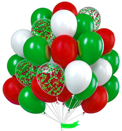 PartyWoo Luftballons Weihnachten Deko, 60 Stück Weihnachts Deko und Bänder, Rot Grün Weiß Luftballons, Glitzerballons für Weinachts Deko, Merry Christmas Deko, Christmas Deko, Weihnachten Dekoration