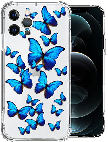iPhone 12 Pro Max Case for Girl,Clear with Blue Butterfly Pattern Design Plastic Shockproof TPU Bumper Protective Case Compatible with Apple iPhone 12 Pro Max
