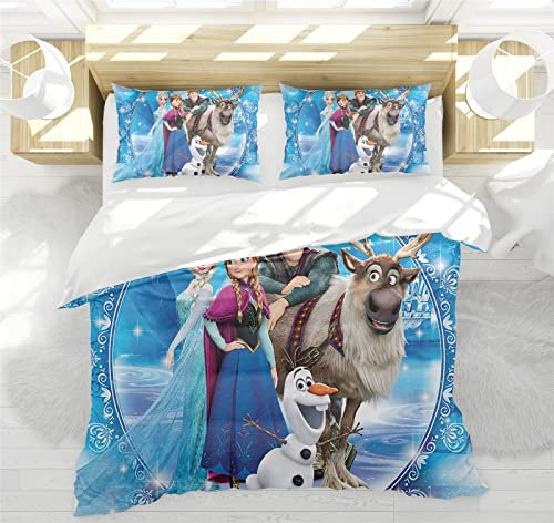 Bfrdollf Anime Bettwäsche-Set 135x200 Kinder Eiskönigin ELSA Anna Und Olaf, Hellblau,100% Baumwolle, Mit Leichtläufigem Reißverschluss (1,135 X 200 cm)