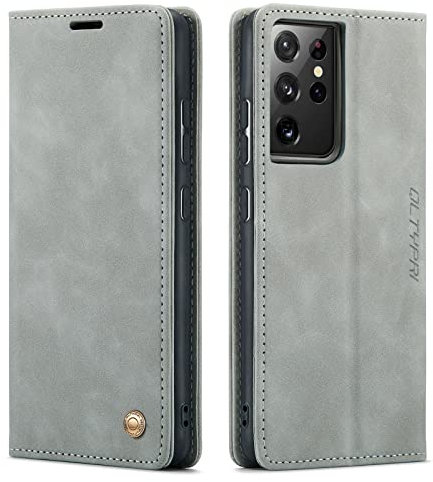 QLTYPRI Case for Samsung Galaxy S21 Ultra 5G, Vintage PU Leather Wallet Case Card Slot Kickstand Magnetic Closure Shockproof Flip Folio Case Cover for Samsung Galaxy S21 Ultra 5G - Grey