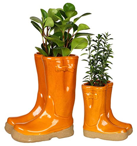 Dibor Set of 2 Flower Pot Planters - Small & Large Wellington Boot Plant Pot Autumn Winter Gardening Gift Set (Orange)