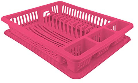 VIRSUS Scolastoviglie con vassoio raccogli goccia, dimensioni 45,5x36x7 cm, Scolapiatti plastica per i bicchieri piatti e tre scomparti per le posate Vari colori (rosa)