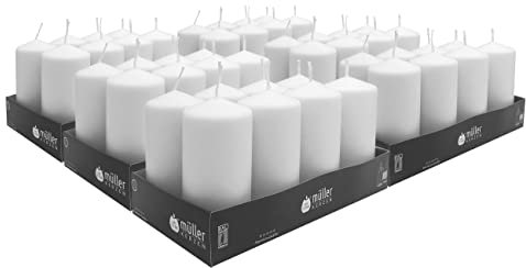 Müller - Velas Pilar Blancas - Juego de 8 Velas Gruesas - 6 x 12 cm - larga duración de 32 horas - Cero antigoteo - Inodoro - Calidad RAL