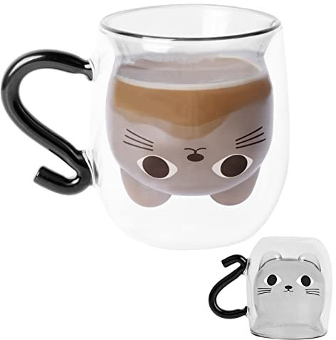 Pinsheng Tazze per Gatti Carine con Manico Tazza Doppio Vetro Carino Tazze Gatto Resistente al Calore Trasparente Tazza di Caffè Tè Latte per Gli Amanti Dei Gatti Regalo di Compleanno L'home Office