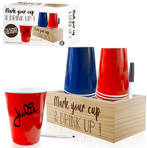 Mark Your Cup® | Dispensador de vasos personalizables | Portavasos de primera calidad | Escribe tu nombre | Vasos personalizados | Higiénico | 100% madera | Fiesta | Cumpleaños | Picnic | Barbacoa