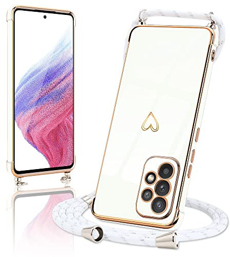 Micoden Coque Compatible avec Samsung Galaxy A53 5G Silicone avec Collier avec Motif Coeur d'amour Mignon Etui Housse avec Cordon Tour de Cou Lanière en Corde pour Samsung Galaxy A53 5G(Blanc)