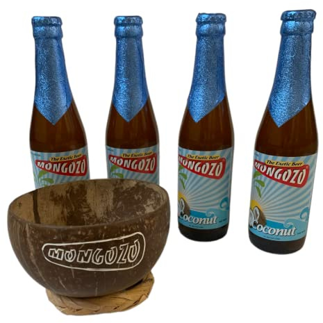 4 Flaschen Mongozo Coconut Bier inkl. Mongozo Trinkbecher aus einer Kokosnuss