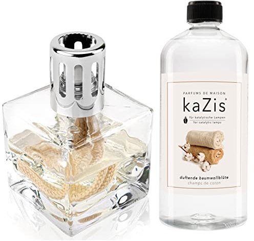 KAZIS® I Starterset katalytische Lampe + 1 Liter Duft I Duftende Baumwollblüte I Frische Wäsche I transparent Würfel