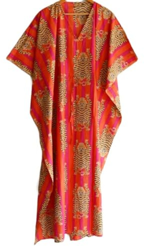 Indian Printed Handmade Kaftan Dress Long Top Caftan, Dress Beach Cover up, Tiger Hand Block Print Sleepwear Maxi Dress Kimono Robe Multi