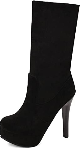 Lizoleor Donna Punta Rotonda Inverno Moda Tacco A Spillo Plateau Stivali Al Polpaccio