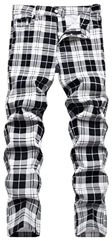 COOSVEN Men Ripped Jeans, Slim Fit Straight Leg, Denim Pants with Holes, Black White Plaid - Stretch, 28
