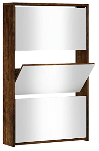 vidaXL Schuhschrank mit Spiegel 3 Fächer Schuhablage Schuhregal Schuhständer Schuhaufbewahrung Schuhkipper Schuhkommode Räuchereiche 63x17x102,5cm