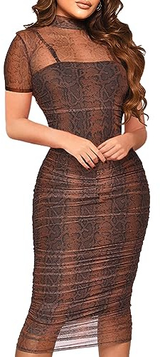 MOEENCN Sexy Long Sleeve Midi Dress for Women Sheer Mesh Printed 2 Piece Outfits Crew Neck See Through Bodycon Party Clubwear