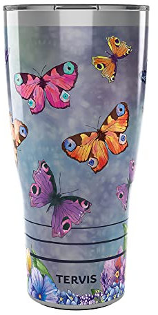 Tervis Traveler Traveler Vaso aislado de triple pared con diseño de mariposas y jardín, mantiene las bebidas frías y calientes, 30 onzas, acero inoxidable