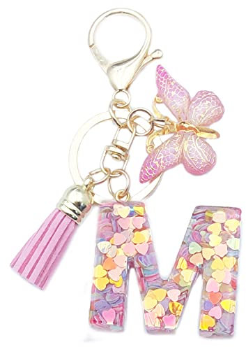 Xsclpomddy Porte-clés lettre A-Z initiales rose avec pompon papillon pendentif pour portefeuille, sac à dos, sacs à main, femmes et filles, m, 1.6in*1.6in