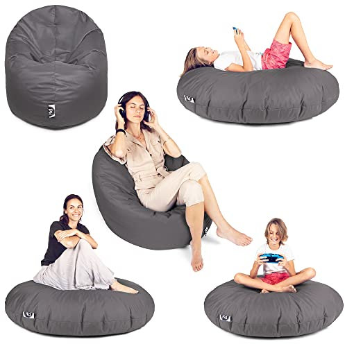 PATCH HOME Sitzsack 2 in 1 Sitzkissen Bodenkissen für Erwachsene & Kinder - Gaming mit Füllung Kissen Sessel BeanBag (Anthrazit, Ø 155cm)