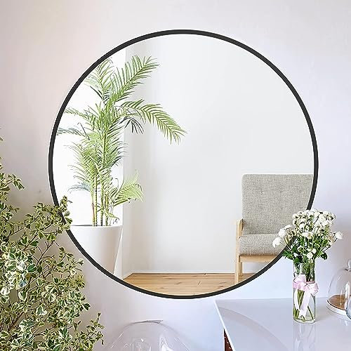 ZENIDA Round Mirror for Wall, 76x76 cm Metal Framed Circle Mirror, Large Bathroom Mirror, Black Wall Mirror for Living Room Bedroom Entryway Decor