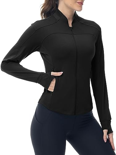 YSENTO Damen Sportjacke Laufjacke Funktionsjacke Wanderjacke Leicht Langarm Yoga Gym Sport Oberteil Atmungsaktive mit Daumenloch(Schwarz,L)