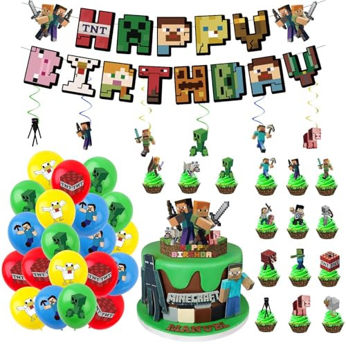 47stk Geburtstagsdeko Jungen Mädchen 2-12 Jahre Miner Gamer Luftballons Geburtstag Deko Set Miner Gamer Geburtstag Tortendeko Happy Birthday Girlande Kuchen Muffin Topper Kindergeburtstag Party Deko
