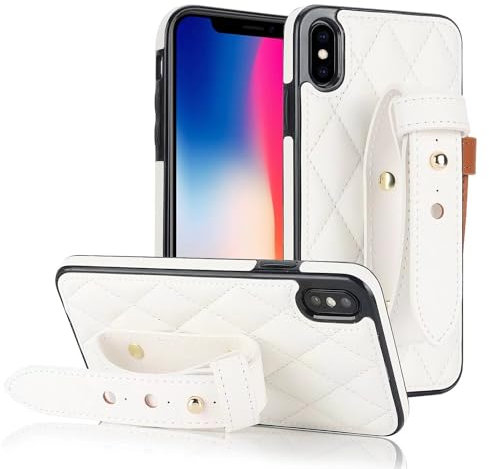 SsHhUu Hülle für iPhone X/iPhone XS 5,8-Zoll,Handytasche Premium PU Leder with Wrist Strap Schutzhülle Magnetisch Women Case für iPhone 10/10S 5.8,weiß