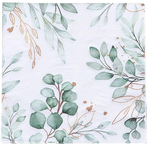 Weiß Servietten Eukalyptus Grün Hochzeit Servietten, 2-lagig, 33x33cm, Grün Party Baby Shower Dinner Papierservietten Tischdekoration, insgesamt 80 Stück