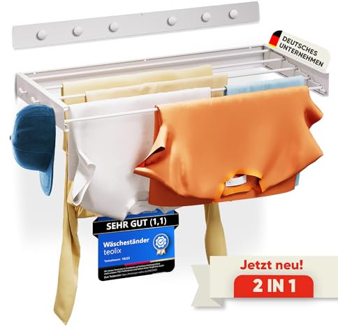 teolix Wäscheständer Wandmontage [2in1 mit extra Kleiderhaken] Ausziehbar und Platzsparend | Wäschetrockner Klein für Wand | Clothes Drying Rack Zeitlos Praktisch - (Weiß, 80cm)