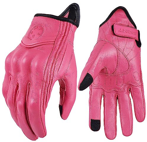 CaFfen Motorradhandschuhe Lederhandschuhe Motorrad Retro Motorradfahrer Handschuhe Herren Damen Vintage Motocross Handschuhe Schwarz Motorradzubehör Motorrad Handschuhe(Pink,S)