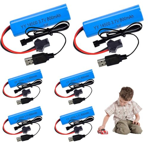 LYPPUL 14500 3.7 Volt RC Akku, 6 Stück 3.7v Li-ion Akku, 800mah Li-Ion Battery mit 6 SM-2P-Steckern und USB-Ladegerät, Wiederaufladbare RC Batterie für Ferngesteuertes Auto, Boote, Panzer, Autos