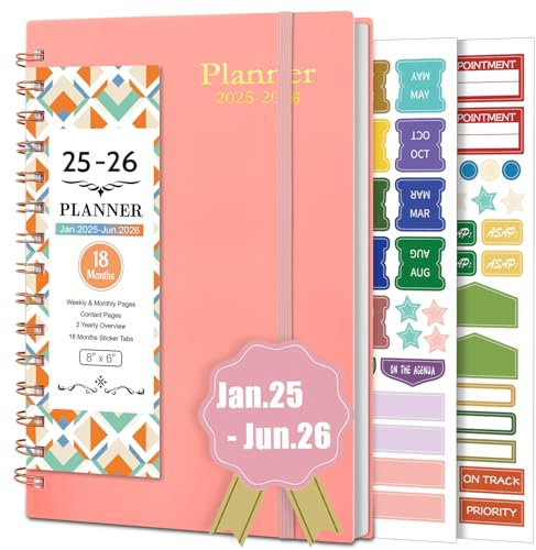BLESWIN Terminplaner 2025 2026, Januar 2025-Juni 2026, Kalender 2025 Buchkalender mit Monatlichen Tabs, 18 Monate Kalender 2025 Wochenplaner A5, Rosa Kalender mit Notizen für Büro Schule Verwenden