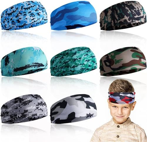 8 Stück Haarband Jungs Sport Stirnband für Kinder Atmungsaktive Elastische Schweißband Kinder Jungs rutschfeste Stirnbänder Dünn Sport Bandanas für Fußball Basketball Laufen Radfahren