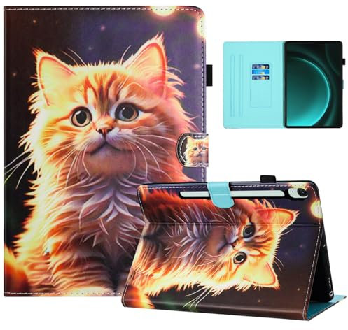Auslbin Coloré en PU de Coque Samsung Galaxy Tab S9 FE/S9 10.9 Pouces, Coloré et Joli Motif, Étui à Rabat pour Tablette Tab S9 FE/S9/SM-X510 avec Support adapté Aux Films, Chat